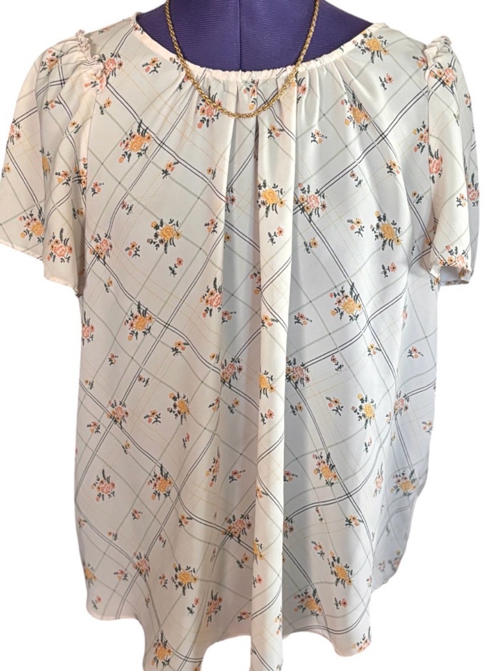 Lauren Conrad Blouse Short Sleeve Cream Floral Plaid Large